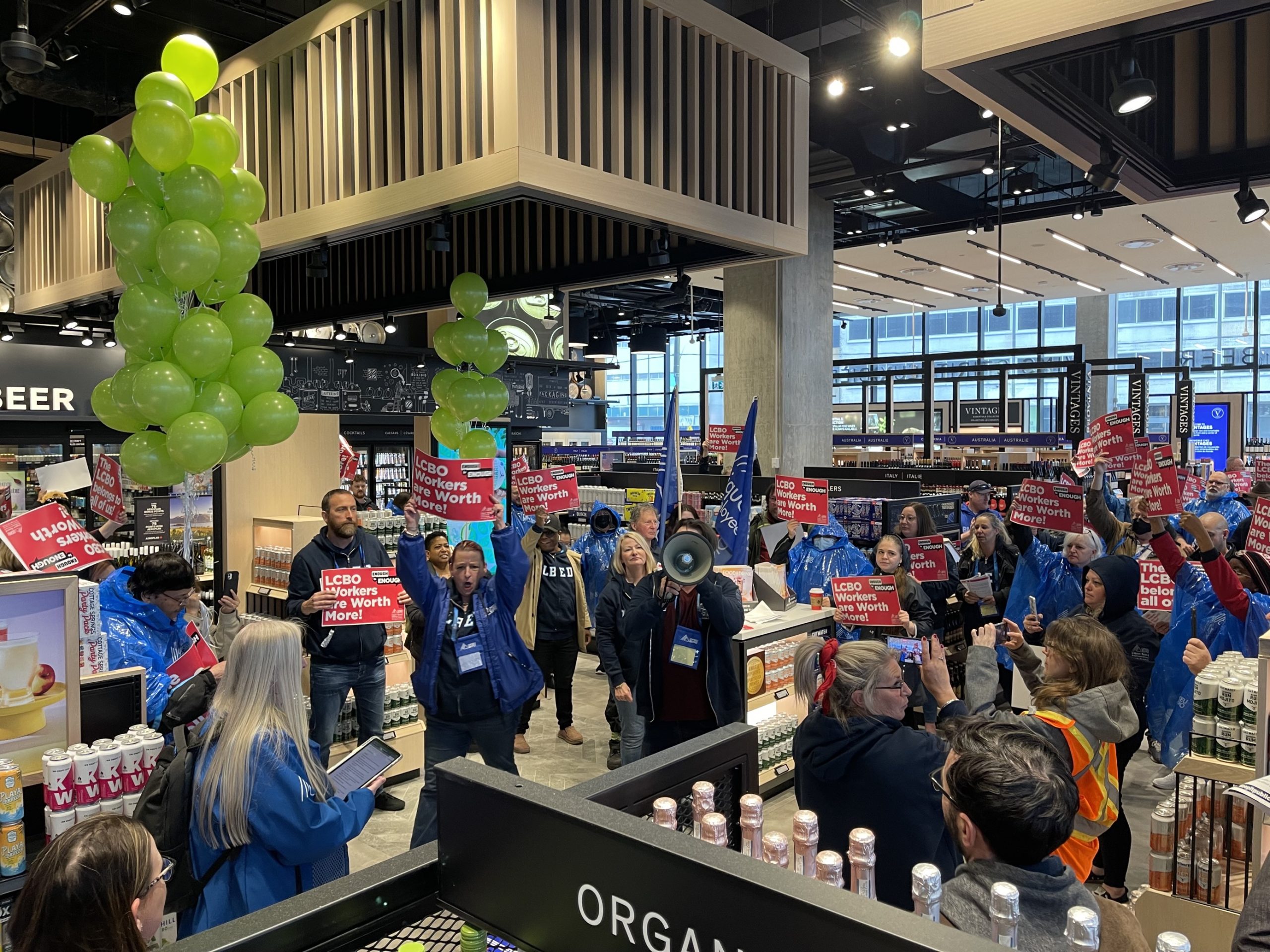 LCBO workers rally inside flagship LCBO store to call for fair wages and an end to Ford’s reckless privatization agenda