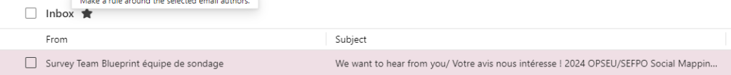 Capture of an email inbox showing the sender and subject of an email. The email in question is highlighted in a light pink.