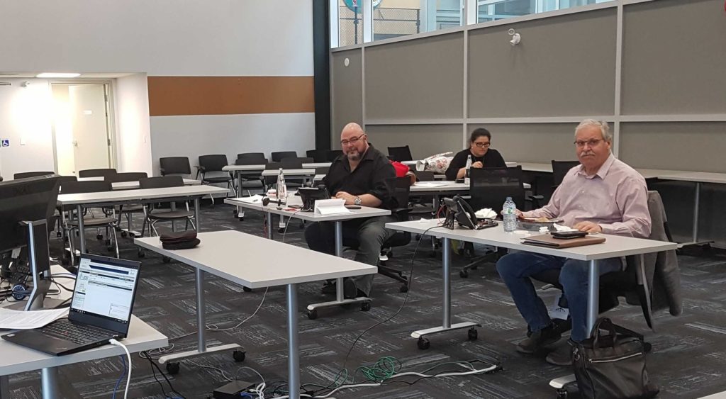 OPSEU President Warren (Smokey) Thomas and First Vice-President Eduardo (Eddy) Almeida socially distanced during the OMERS telephone town hall.