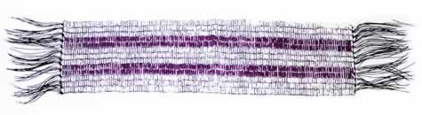 Three rows of white beads symbolizing peace, friendship, and respect separate the two purple rows. The two purple rows symbolize two paths or two vessels travelling down the same river. One row symbolizes the Haudenosaunee people with their law and customs, while the other row symbolizes European laws and customs.