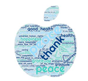 Word cloud shaped like an apple, representing New Year intentions including peace, love, harmony, strength, health, happiness, gratitude, acceptance, unity, and hope. It also includes tolerance, equity, and well wishes.